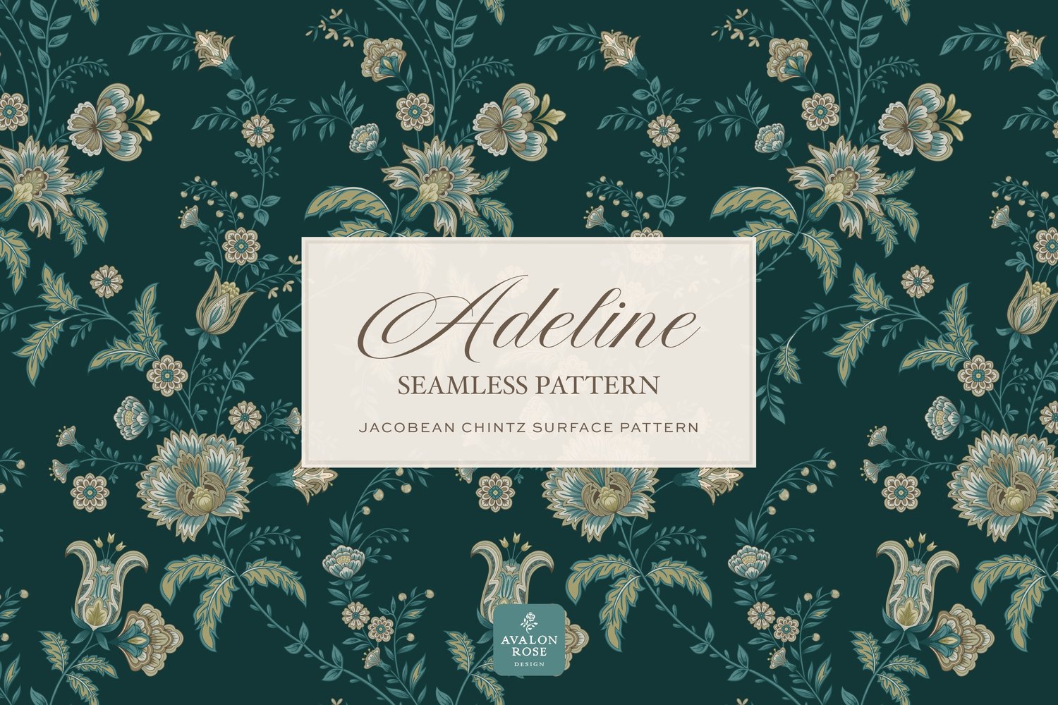 Hand drawn seamless surface pattern featuring intricate, stylized florals and climbing vines in teal blue and greens