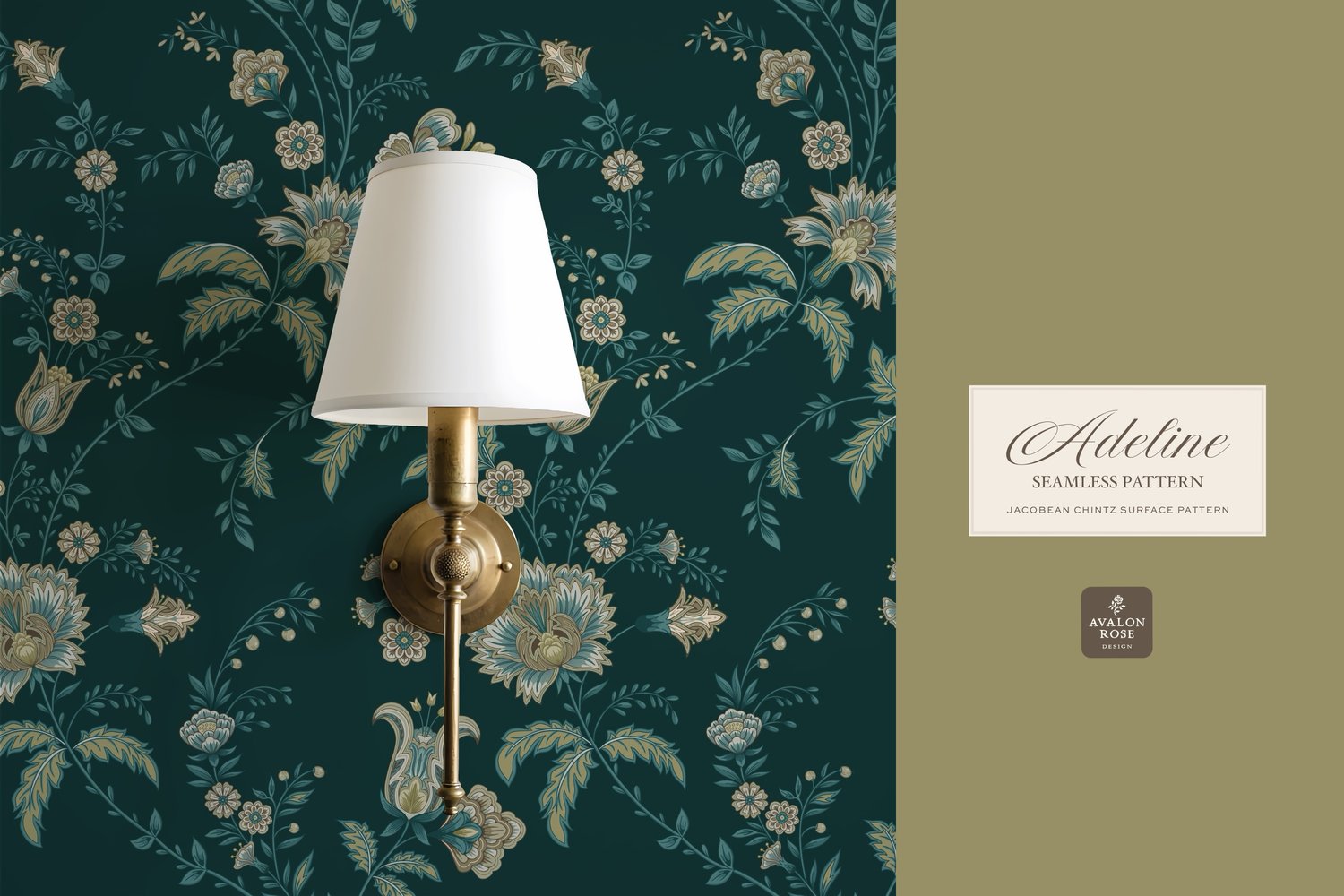 Hand drawn seamless surface pattern featuring intricate, stylized florals and climbing vines in teal blue and greens on wallpaper