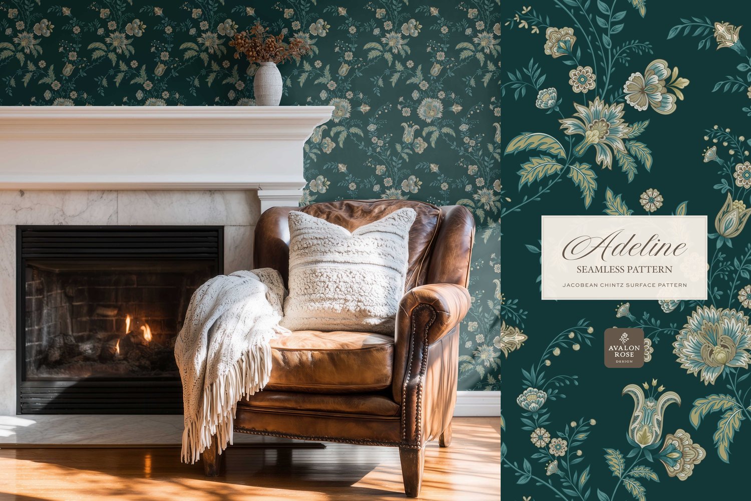 Hand drawn seamless surface pattern featuring intricate, stylized florals and climbing vines in teal blue and greens on wallpaper