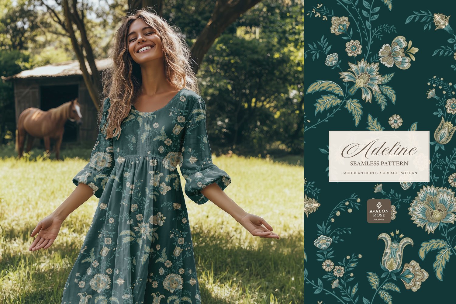 Hand drawn seamless surface pattern featuring intricate, stylized florals and climbing vines in teal blue and greens on a dress