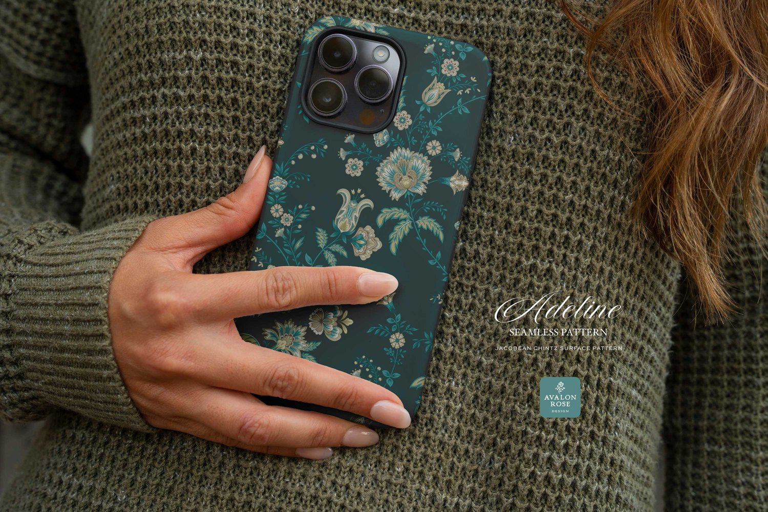 Hand drawn seamless surface pattern featuring intricate, stylized florals and climbing vines in teal blue and greens on a phone case