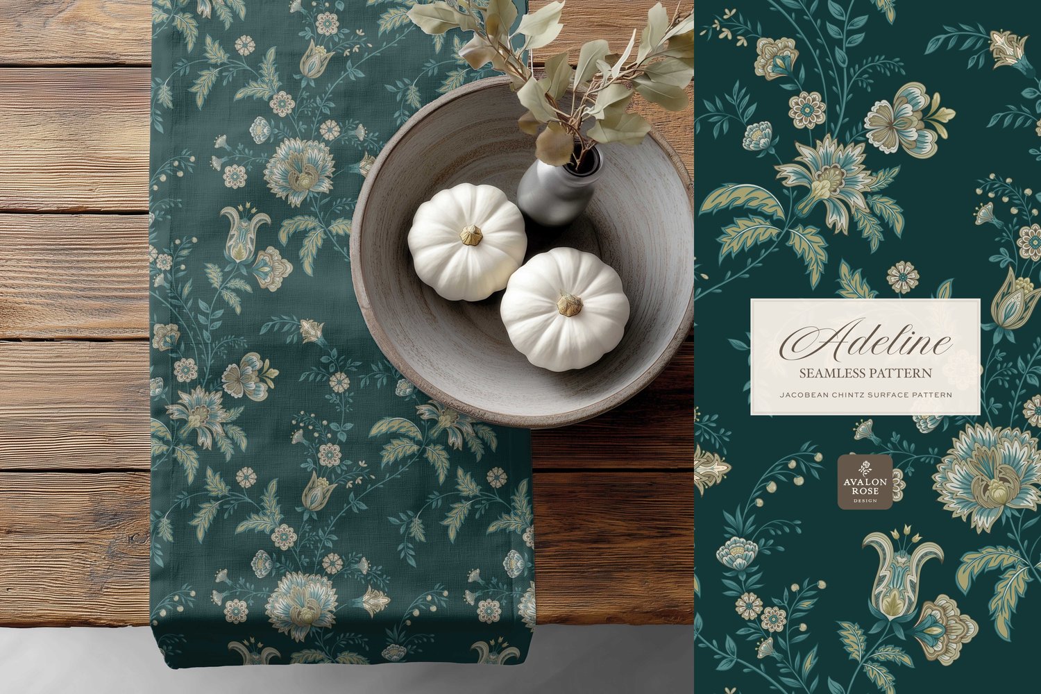 Hand drawn seamless surface pattern featuring intricate, stylized florals and climbing vines in teal blue and greens on a towel
