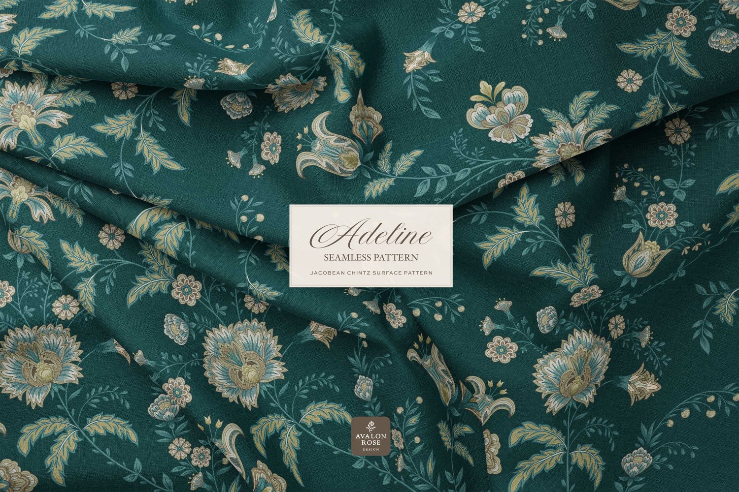 Hand drawn seamless surface pattern featuring intricate, stylized florals and climbing vines in teal blue and greens on fabric