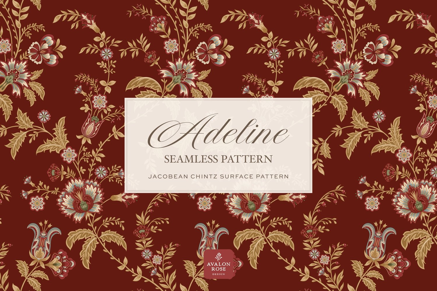 Hand drawn seamless surface pattern featuring intricate, stylized florals and climbing vines in red and gold