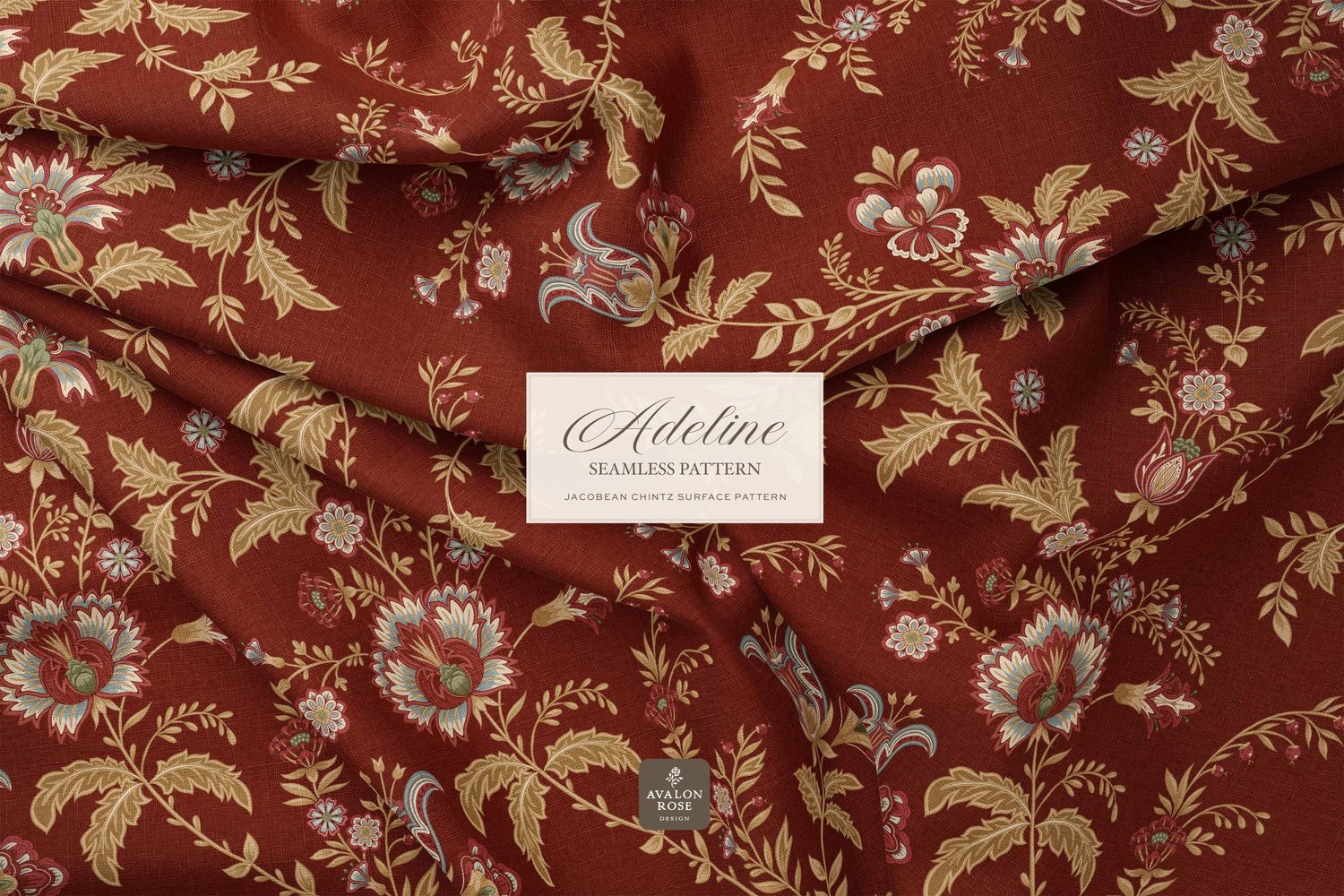 Hand drawn seamless surface pattern featuring intricate, stylized florals and climbing vines in red and gold on fabric