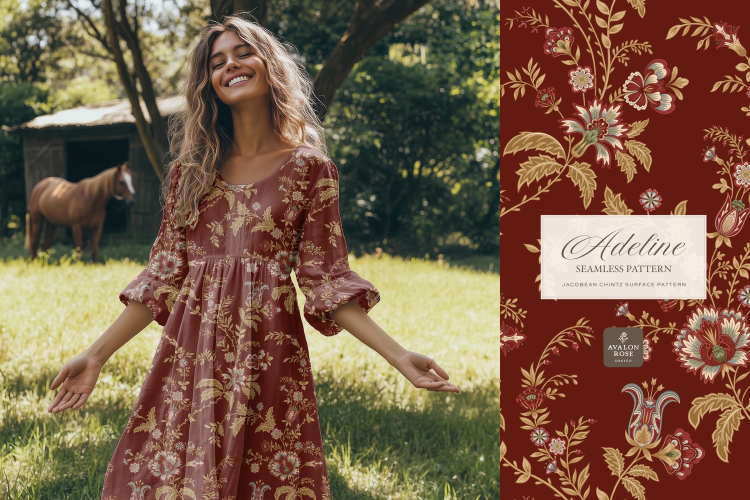 Hand drawn seamless surface pattern featuring intricate, stylized florals and climbing vines in red and gold on a dress