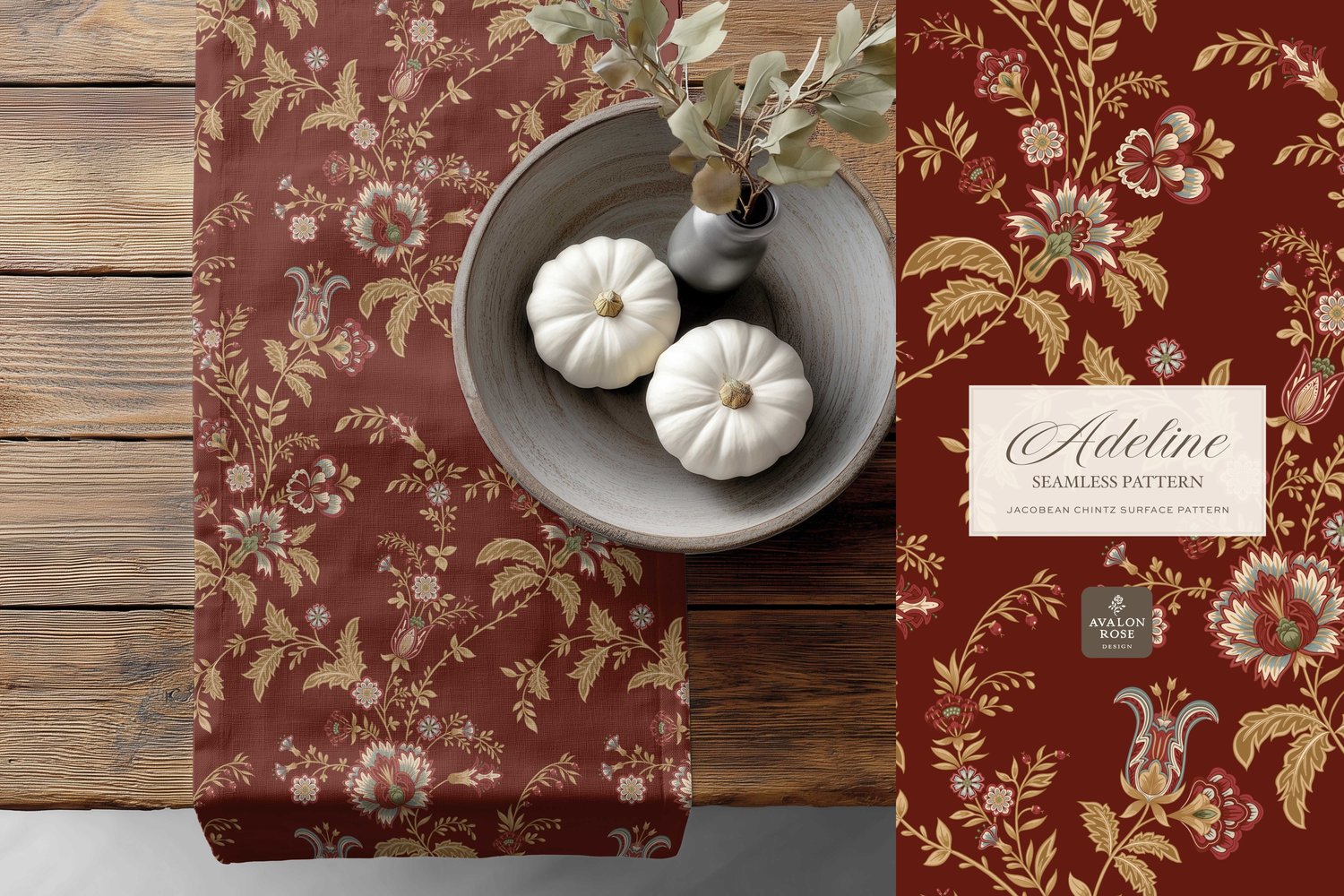 Hand drawn seamless surface pattern featuring intricate, stylized florals and climbing vines in red and gold on a towel