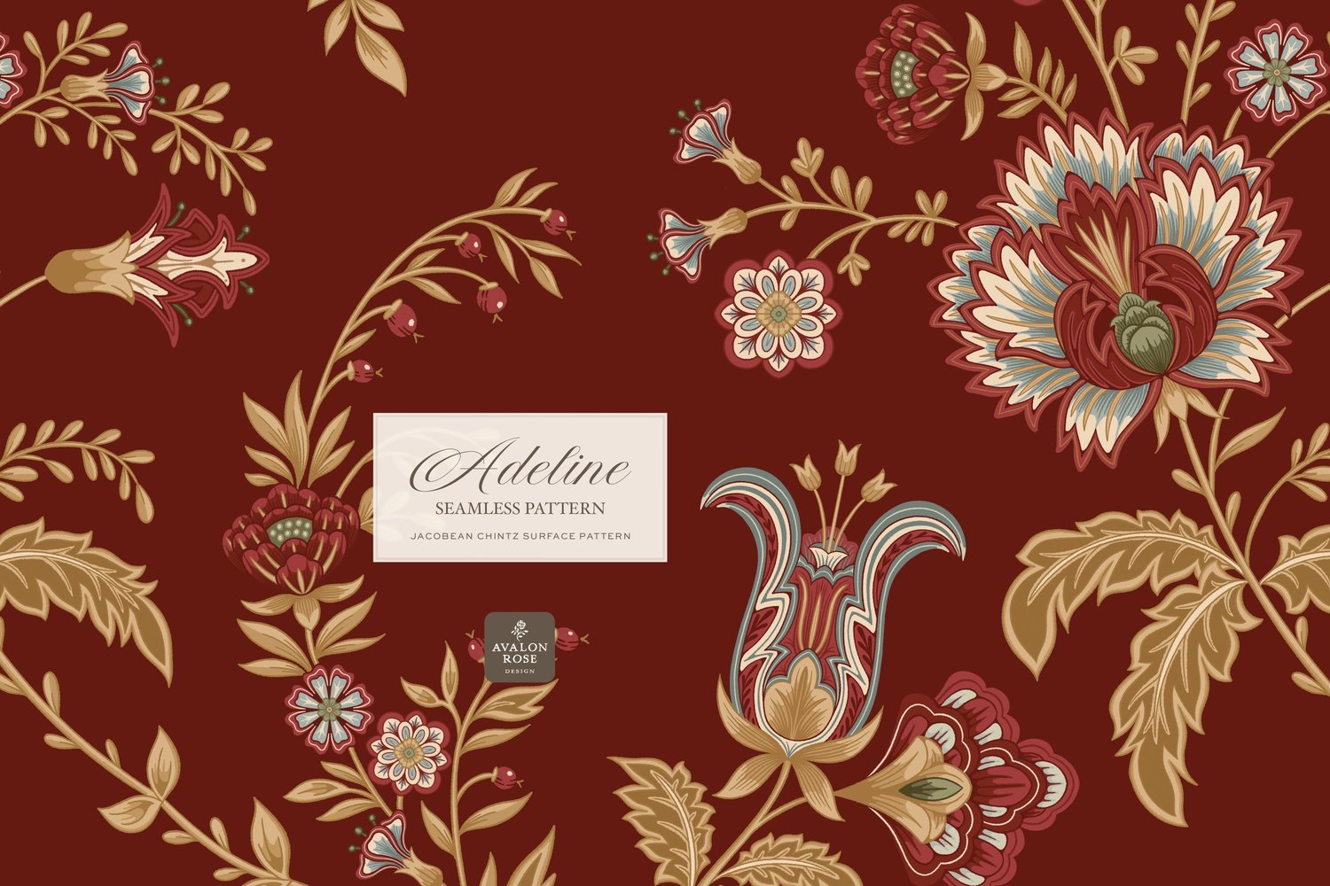 Hand drawn seamless surface pattern featuring intricate, stylized florals and climbing vines in red and gold