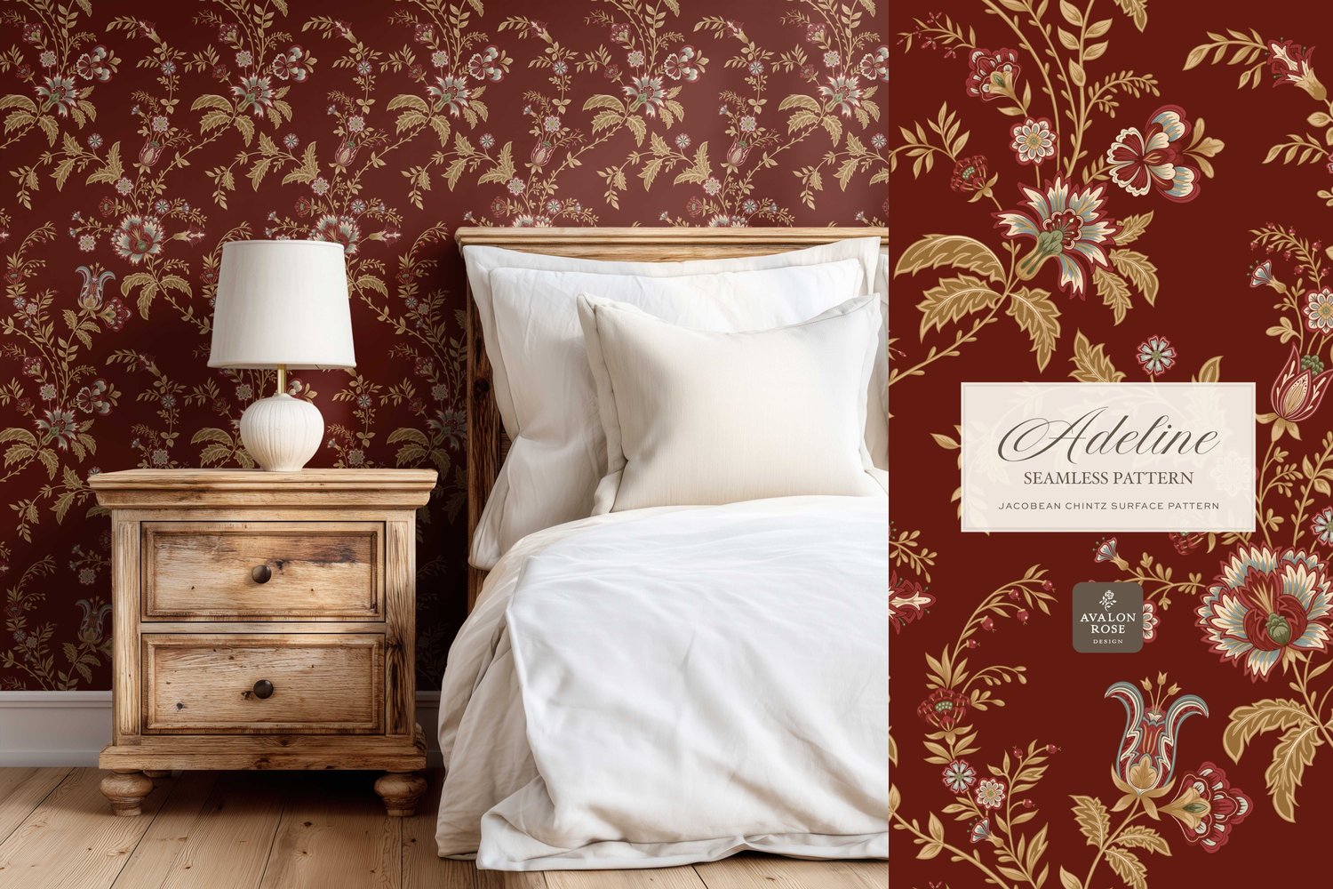Hand drawn seamless surface pattern featuring intricate, stylized florals and climbing vines in red and gold on wallpaper