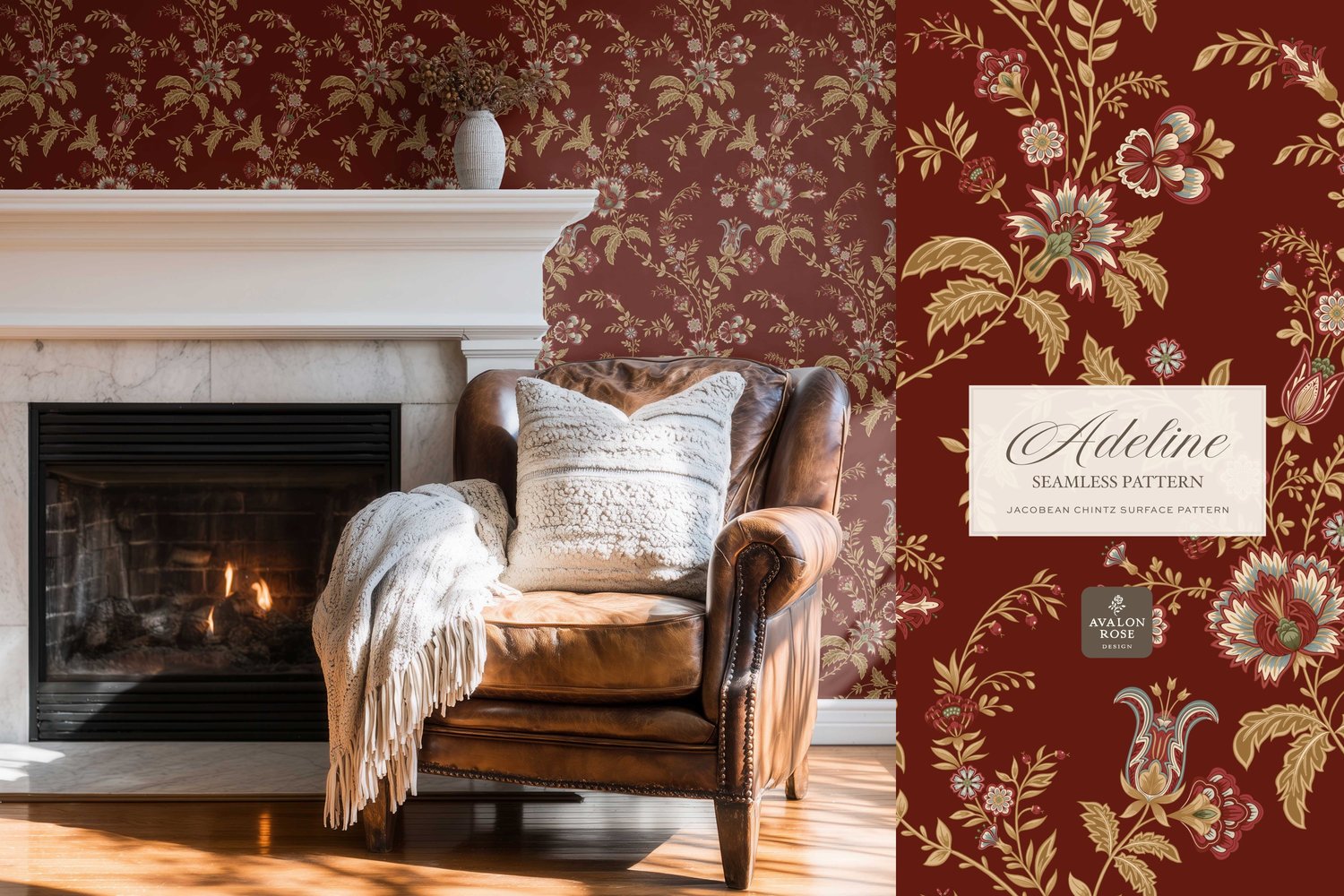 Hand drawn seamless surface pattern featuring intricate, stylized florals and climbing vines in red and gold on wallpaper