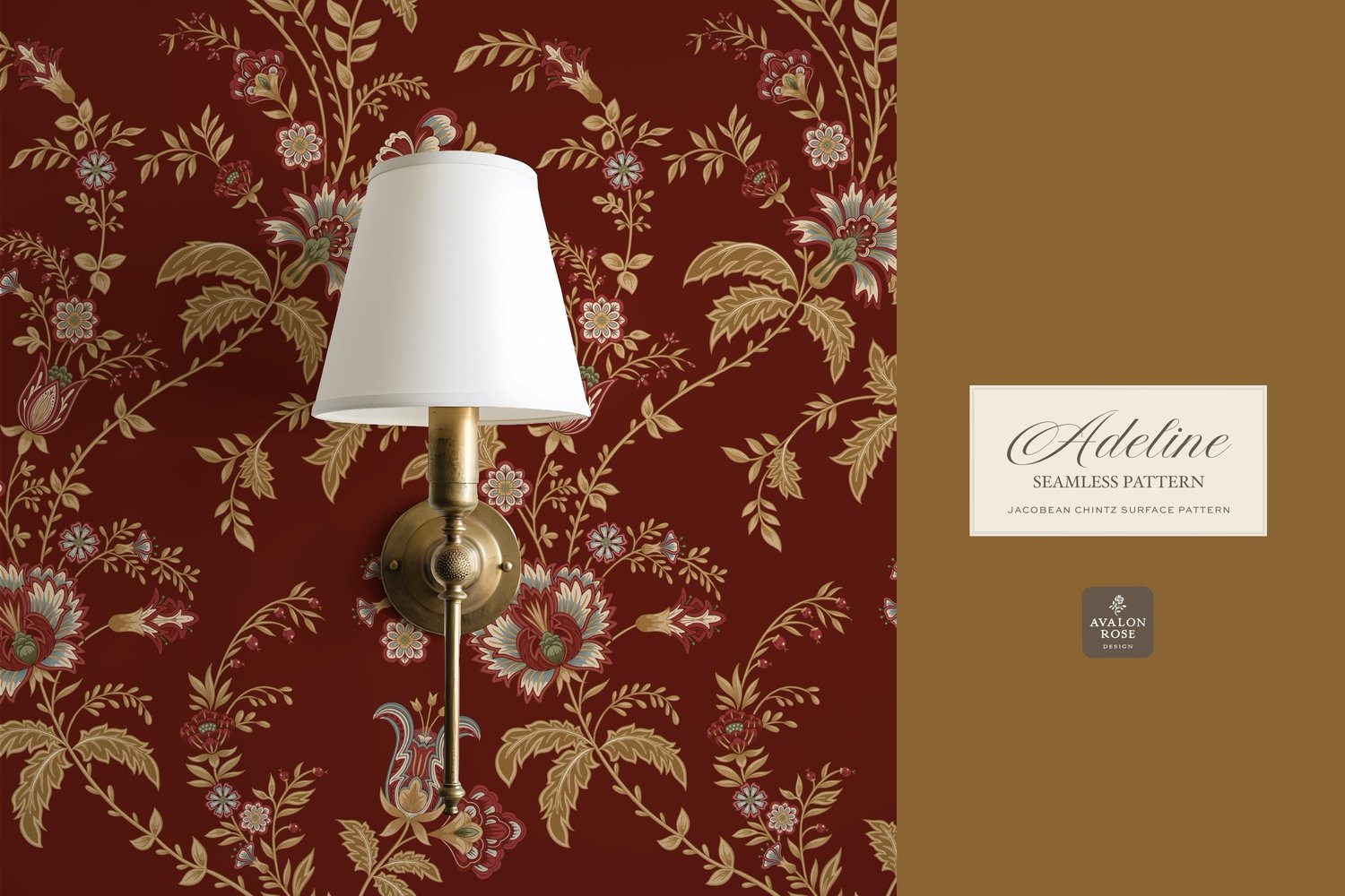 Hand drawn seamless surface pattern featuring intricate, stylized florals and climbing vines in red and gold on wallpaper