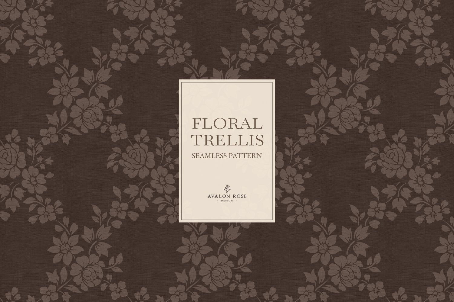 Vintage-inspired farmhouse style seamless surface pattern featuring a hand-drawn floral and leaf trellis in dark brown