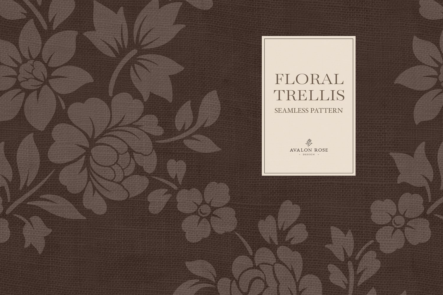 Vintage-inspired farmhouse style seamless surface pattern featuring a hand-drawn floral and leaf trellis in dark brown