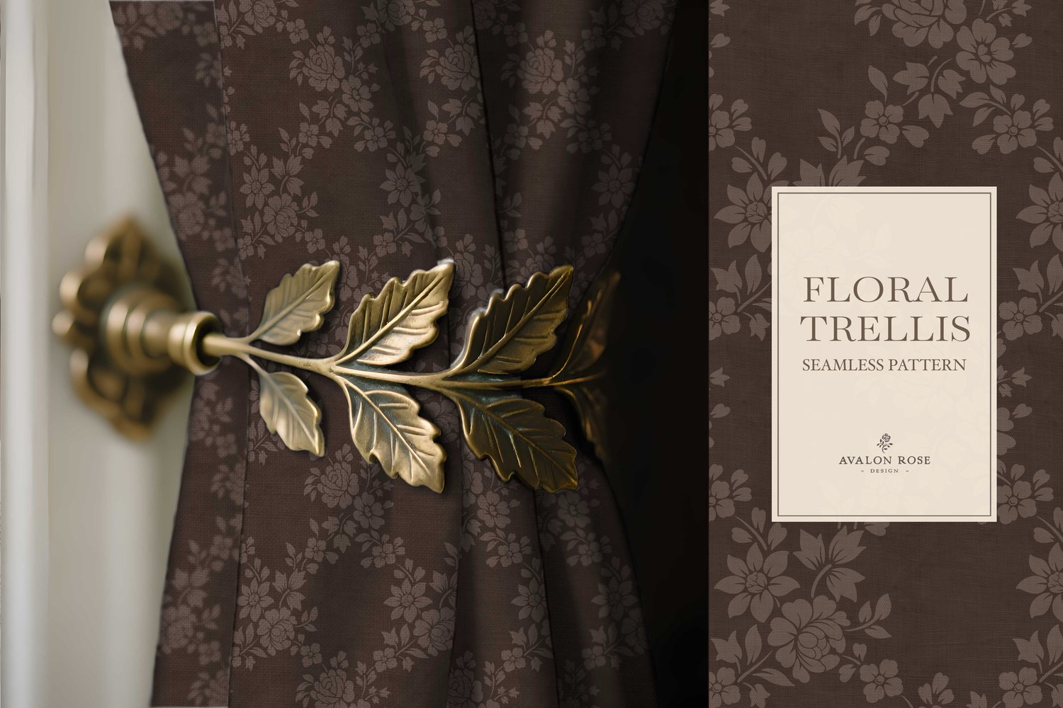 Vintage-inspired farmhouse style seamless surface pattern featuring a hand-drawn floral and leaf trellis in dark brown
