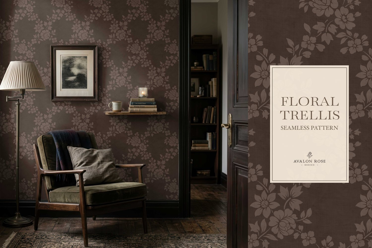 Vintage-inspired farmhouse style seamless surface pattern featuring a hand-drawn floral and leaf trellis in dark brown