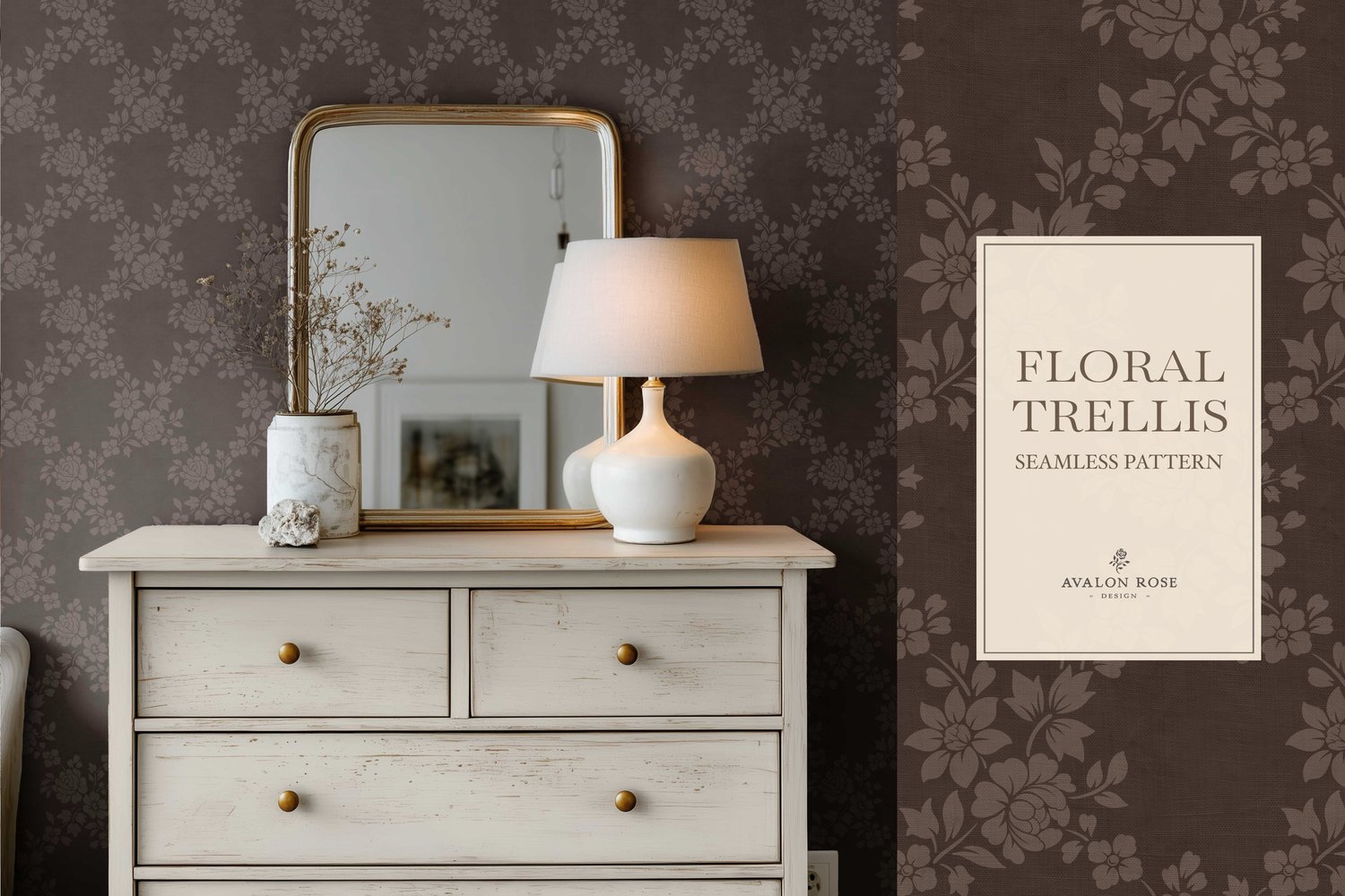 Vintage-inspired farmhouse style seamless surface pattern featuring a hand-drawn floral and leaf trellis in dark brown