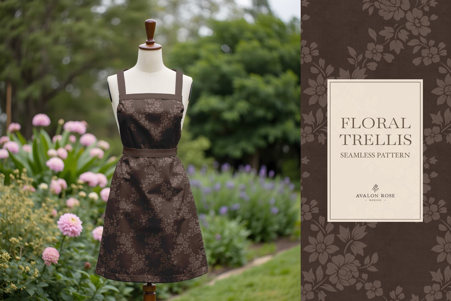 Vintage-inspired farmhouse style seamless surface pattern featuring a hand-drawn floral and leaf trellis in dark brown