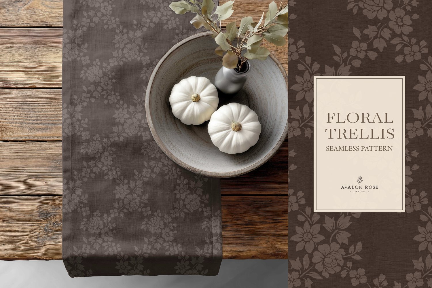 Vintage-inspired farmhouse style seamless surface pattern featuring a hand-drawn floral and leaf trellis in dark brown
