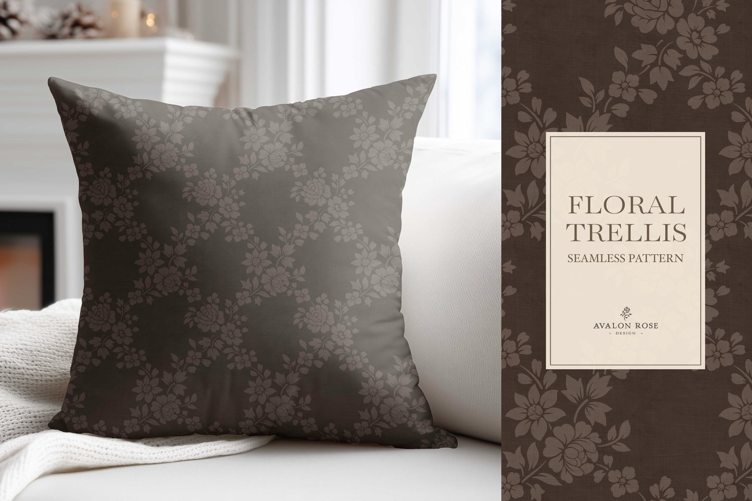 Vintage-inspired farmhouse style seamless surface pattern featuring a hand-drawn floral and leaf trellis in dark brown