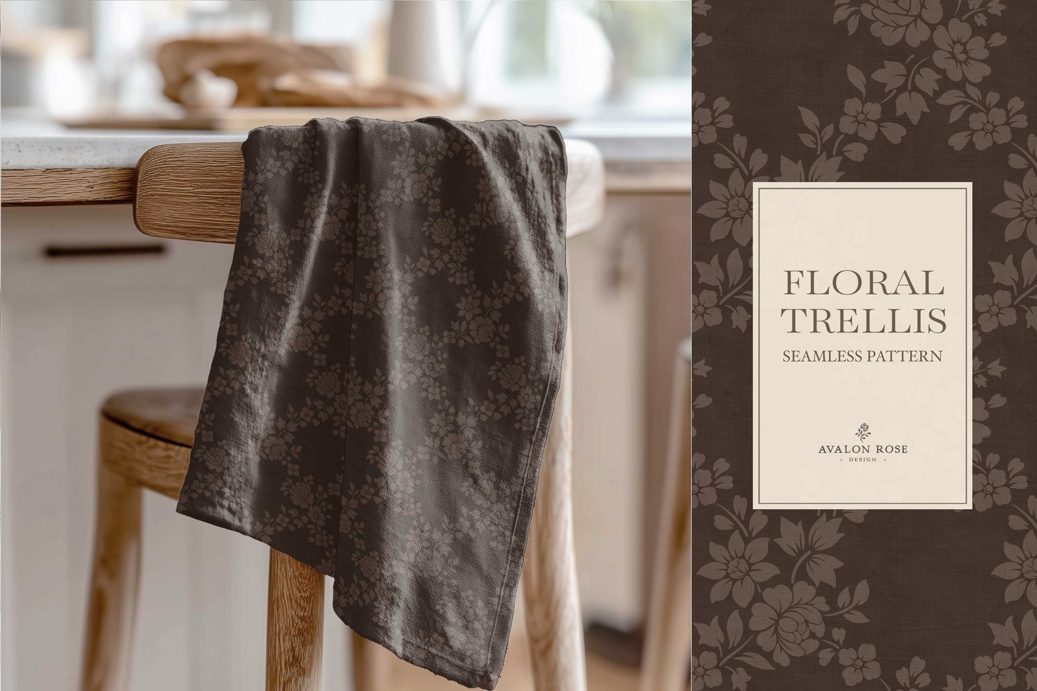 Vintage-inspired farmhouse style seamless surface pattern featuring a hand-drawn floral and leaf trellis in dark brown