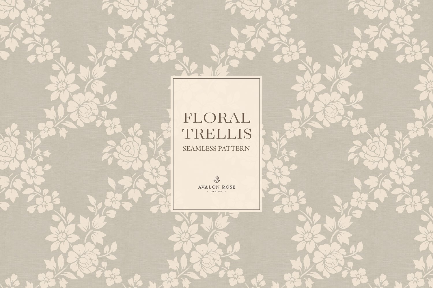 Vintage-inspired farmhouse style seamless surface pattern featuring a hand-drawn floral and leaf trellis