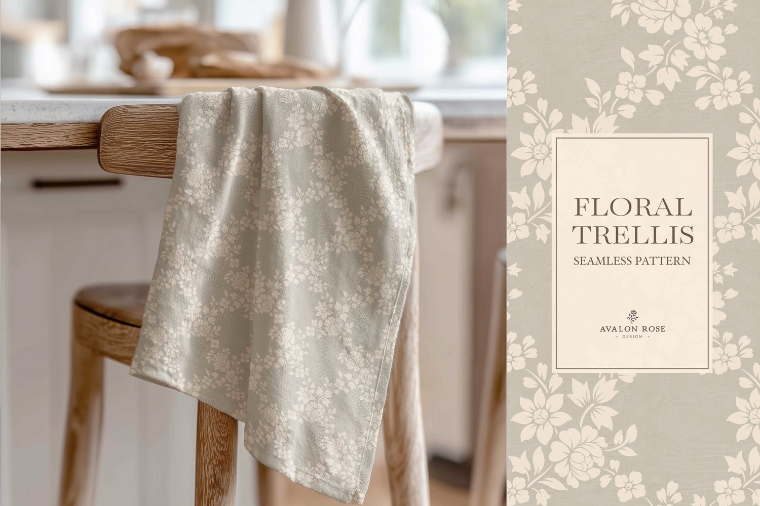 Vintage-inspired farmhouse style seamless surface pattern featuring a hand-drawn floral and leaf trellis
