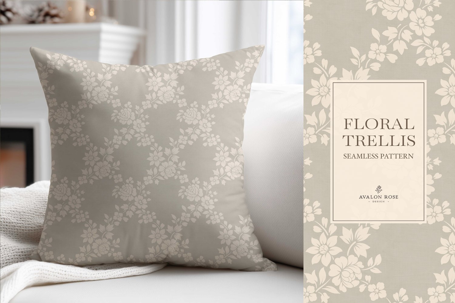 Vintage-inspired farmhouse style seamless surface pattern featuring a hand-drawn floral and leaf trellis