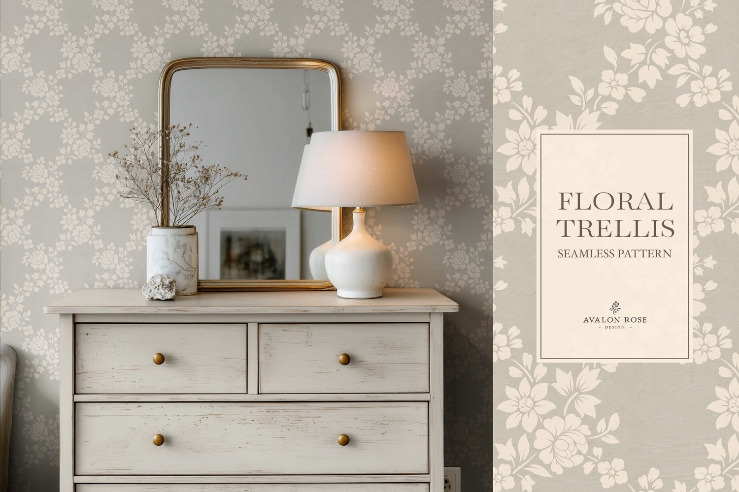Vintage-inspired farmhouse style seamless surface pattern featuring a hand-drawn floral and leaf trellis
