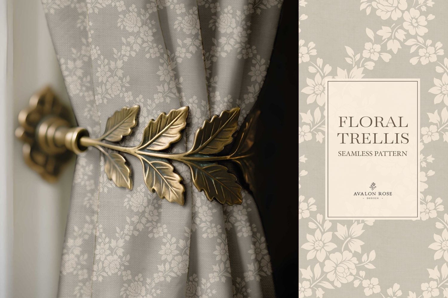 Vintage-inspired farmhouse style seamless surface pattern featuring a hand-drawn floral and leaf trellis