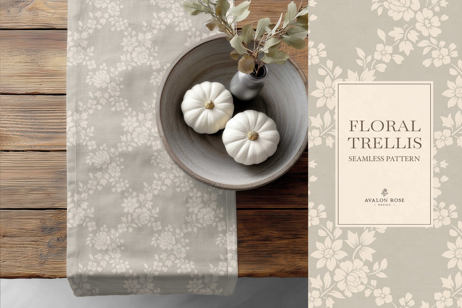 Vintage-inspired farmhouse style seamless surface pattern featuring a hand-drawn floral and leaf trellis