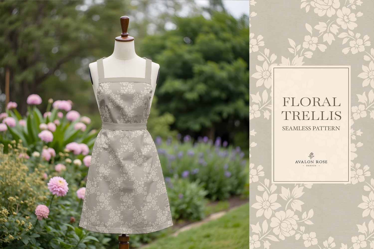 Vintage-inspired farmhouse style seamless surface pattern featuring a hand-drawn floral and leaf trellis