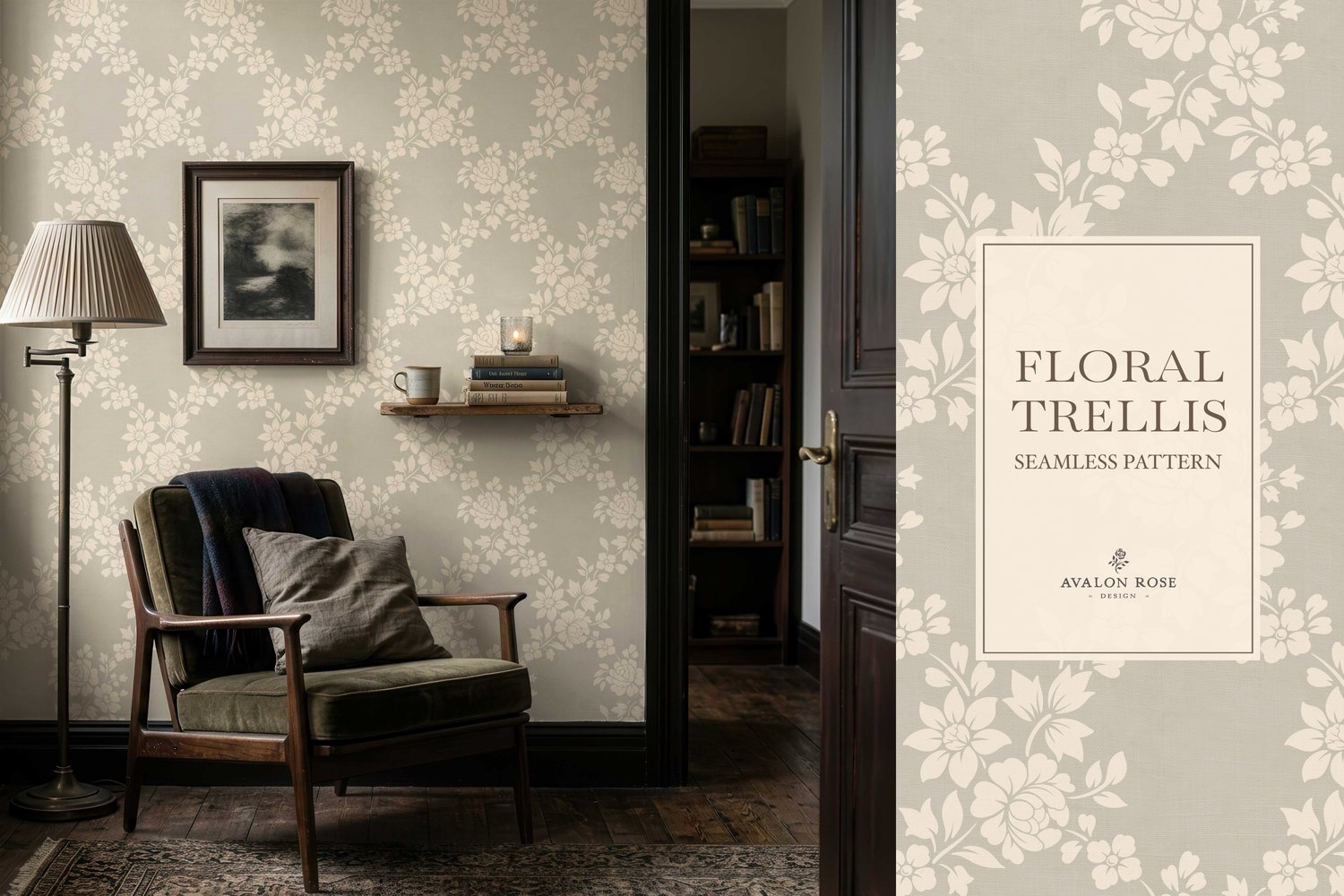 Vintage-inspired farmhouse style seamless surface pattern featuring a hand-drawn floral and leaf trellis