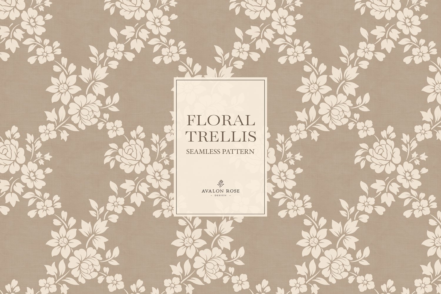 Vintage-inspired farmhouse style seamless surface pattern featuring a hand-drawn floral and leaf trellis