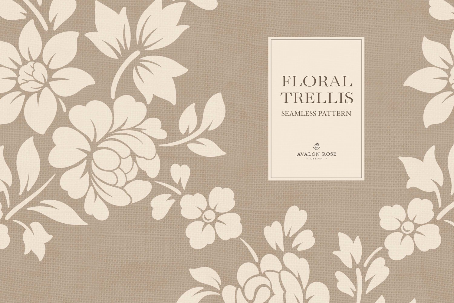 Vintage-inspired farmhouse style seamless surface pattern featuring a hand-drawn floral and leaf trellis