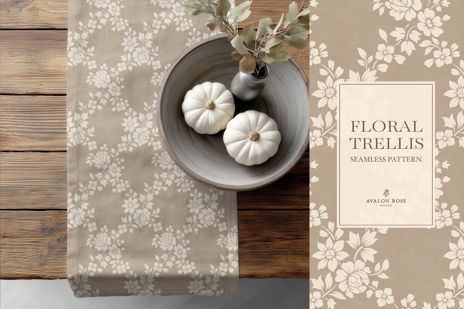 Vintage-inspired farmhouse style seamless surface pattern featuring a hand-drawn floral and leaf trellis