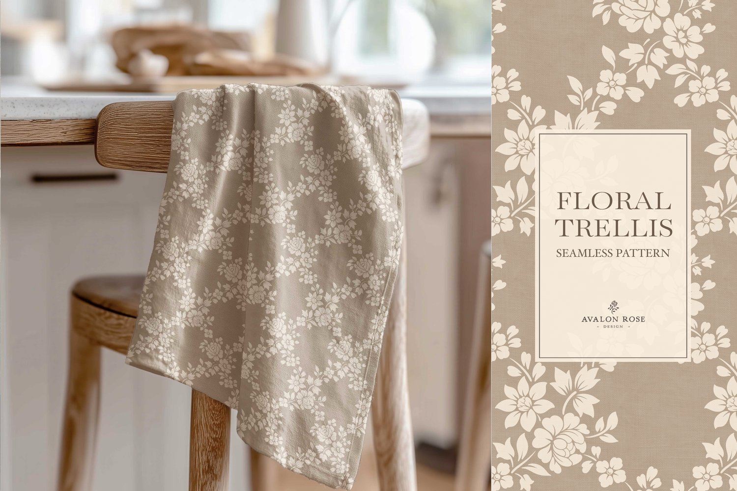Vintage-inspired farmhouse style seamless surface pattern featuring a hand-drawn floral and leaf trellis