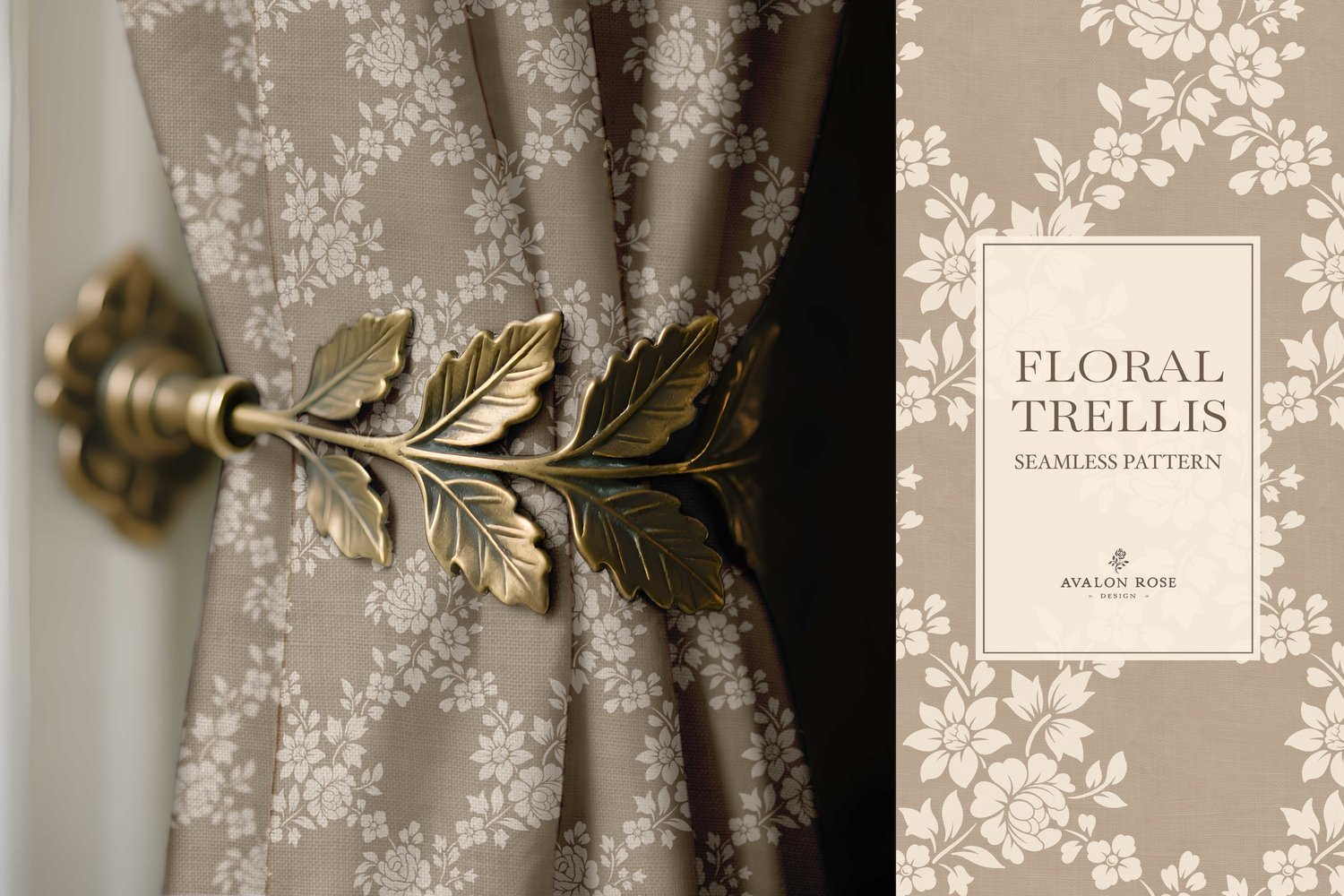 Vintage-inspired farmhouse style seamless surface pattern featuring a hand-drawn floral and leaf trellis