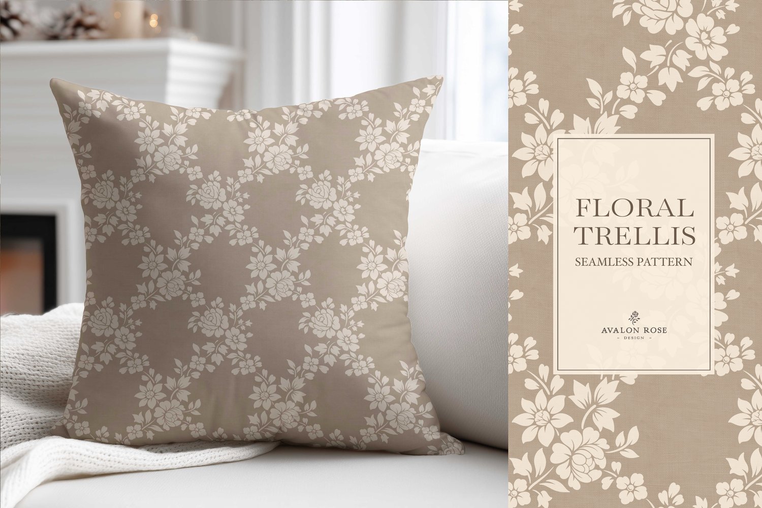 Vintage-inspired farmhouse style seamless surface pattern featuring a hand-drawn floral and leaf trellis