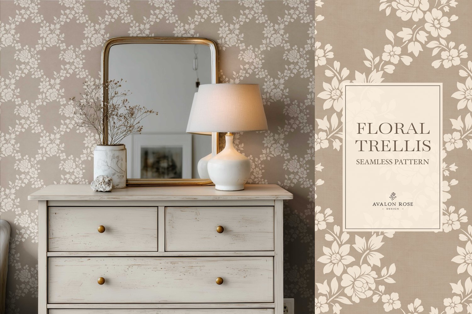Vintage-inspired farmhouse style seamless surface pattern featuring a hand-drawn floral and leaf trellis