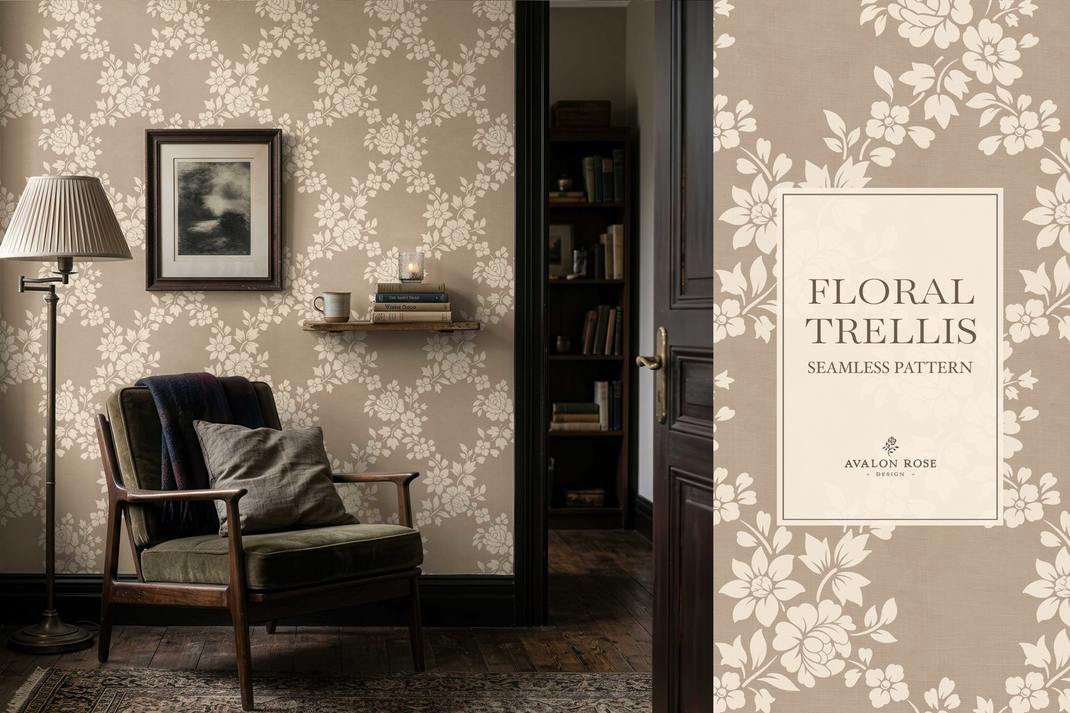 Vintage-inspired farmhouse style seamless surface pattern featuring a hand-drawn floral and leaf trellis