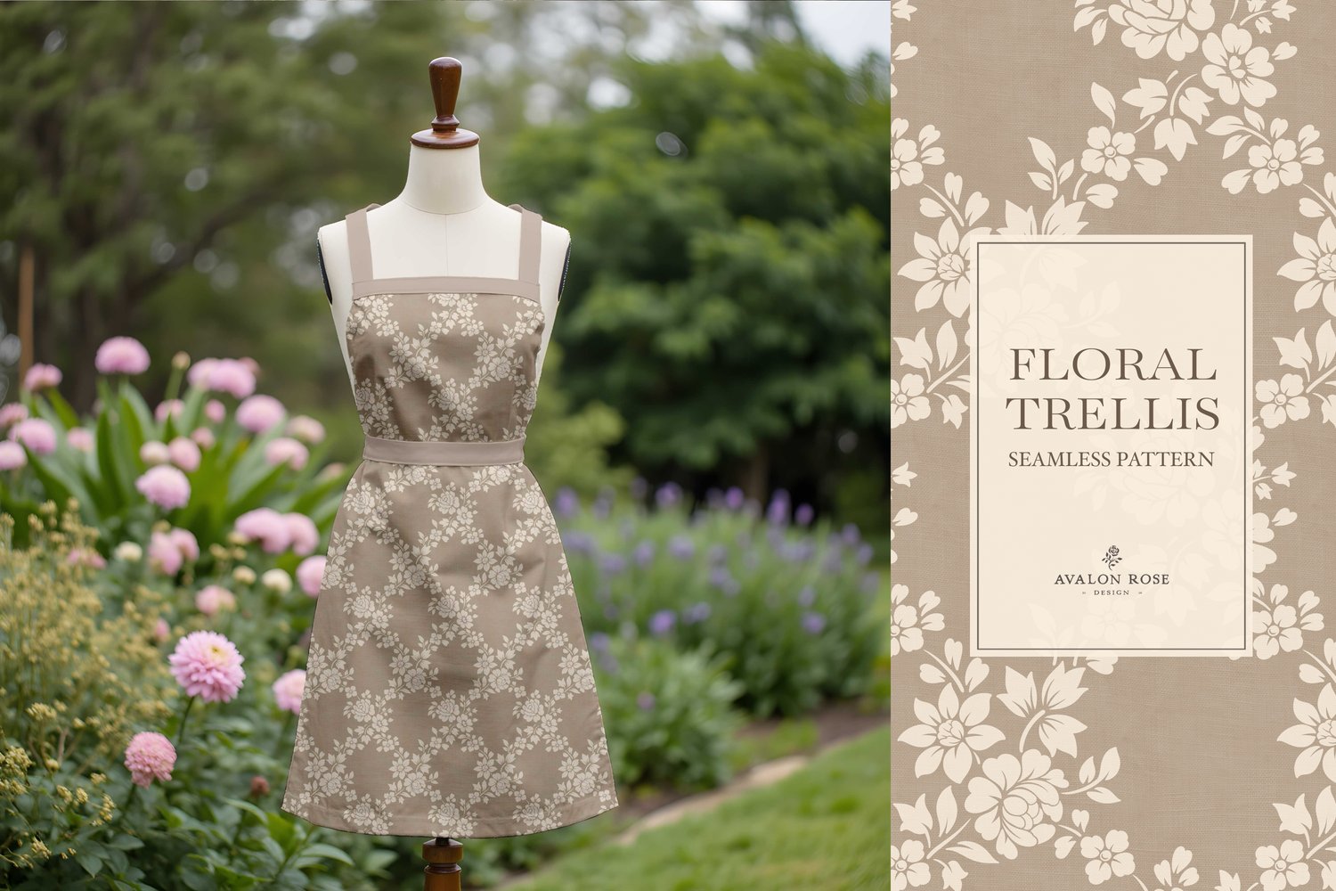 Vintage-inspired farmhouse style seamless surface pattern featuring a hand-drawn floral and leaf trellis