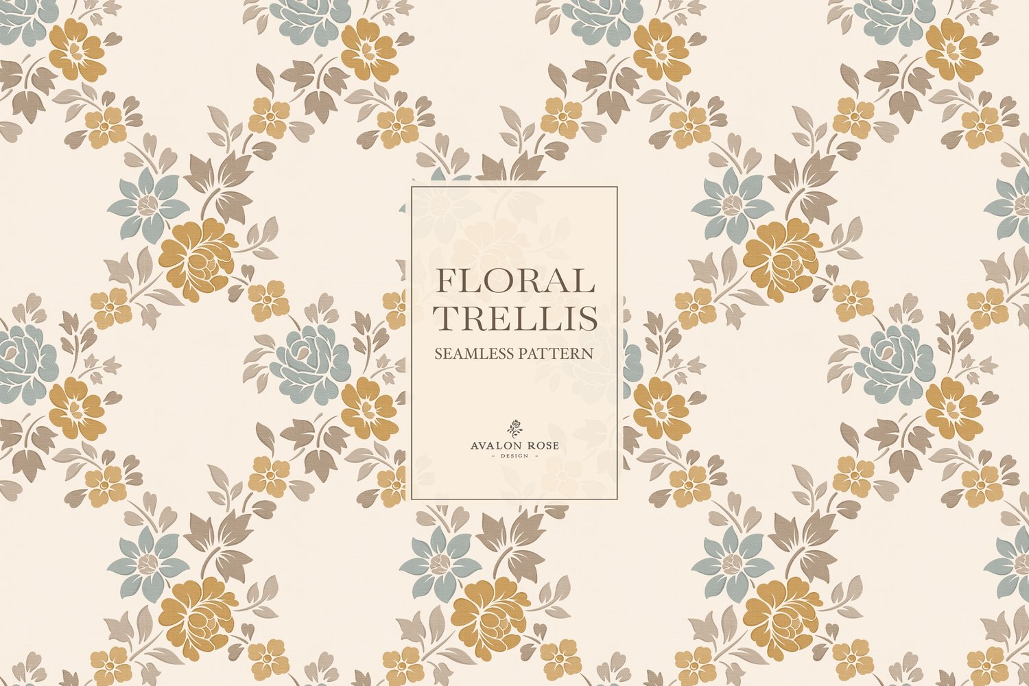 Vintage-inspired farmhouse style seamless surface pattern featuring a hand-drawn floral and leaf trellis in sage, gold, beige, and cream