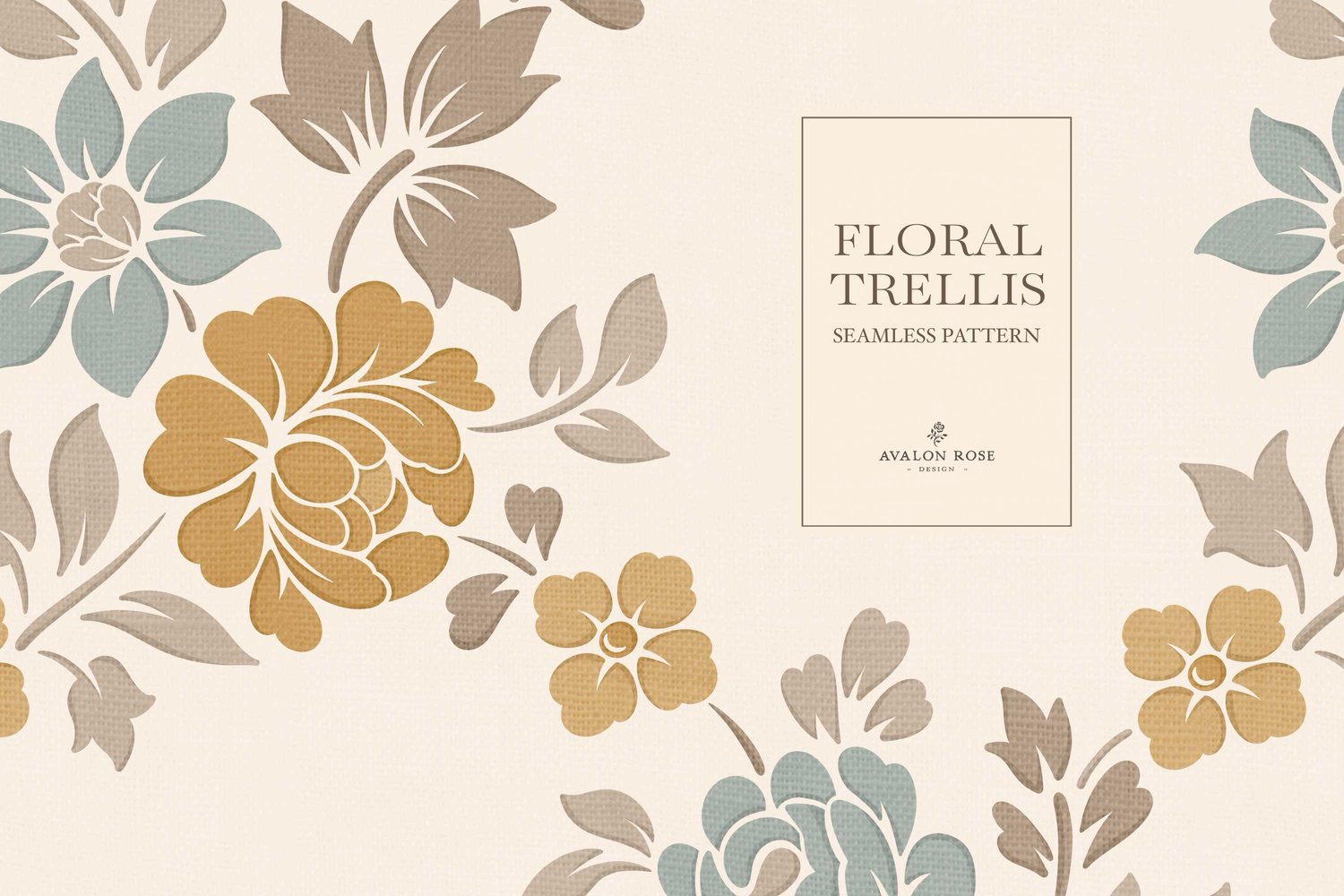 Vintage-inspired farmhouse style seamless surface pattern featuring a hand-drawn floral and leaf trellis in sage, gold, beige, and cream