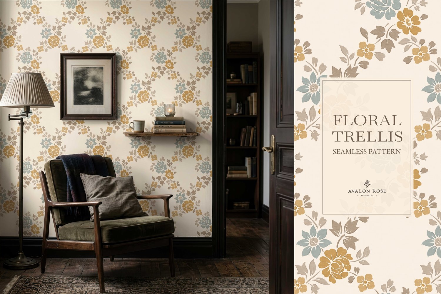 Vintage-inspired farmhouse style seamless surface pattern featuring a hand-drawn floral and leaf trellis in sage, gold, beige, and cream