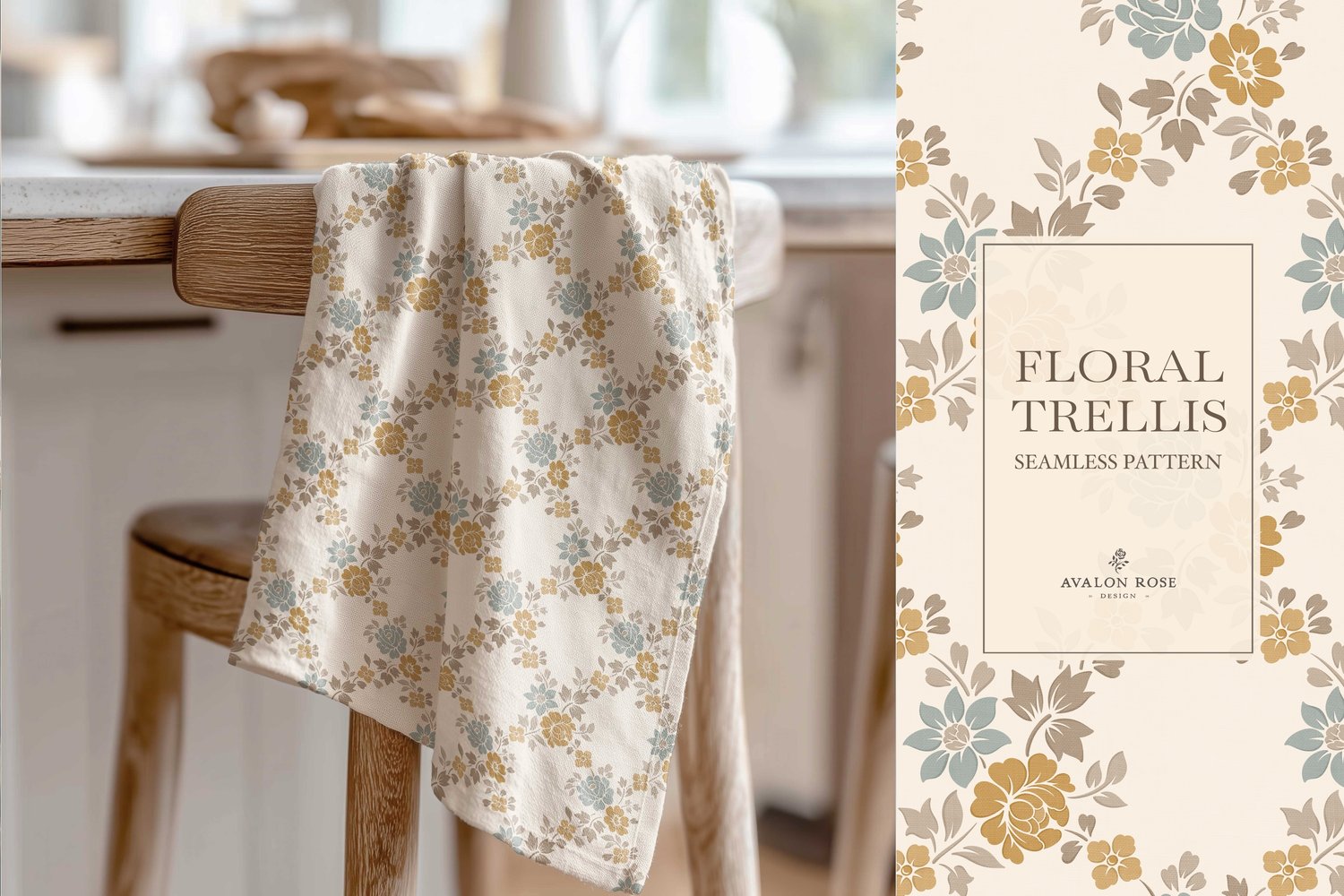 Vintage-inspired farmhouse style seamless surface pattern featuring a hand-drawn floral and leaf trellis in sage, gold, beige, and cream