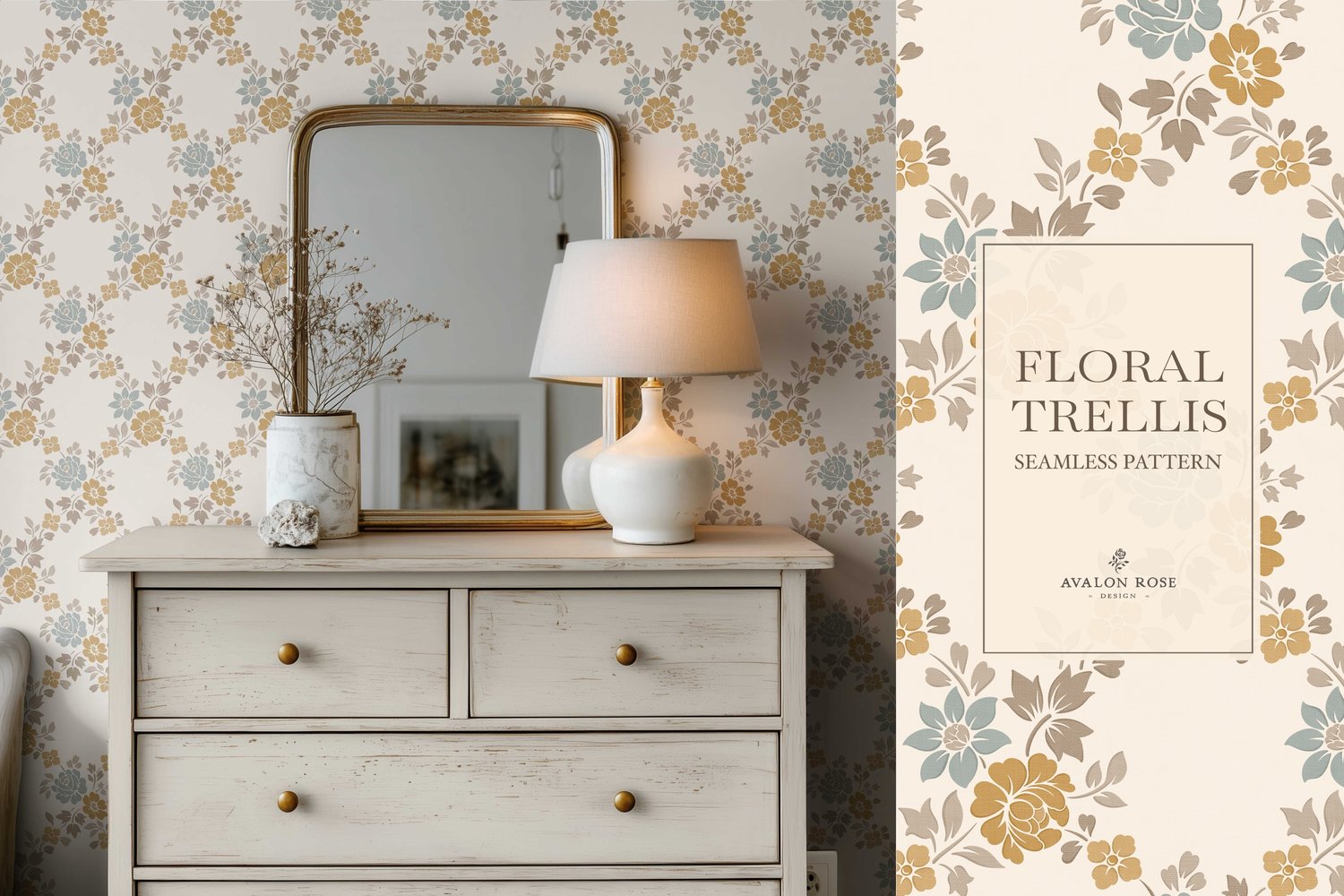 Vintage-inspired farmhouse style seamless surface pattern featuring a hand-drawn floral and leaf trellis in sage, gold, beige, and cream
