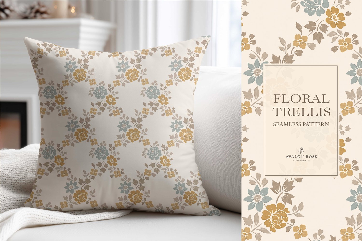 Vintage-inspired farmhouse style seamless surface pattern featuring a hand-drawn floral and leaf trellis in sage, gold, beige, and cream