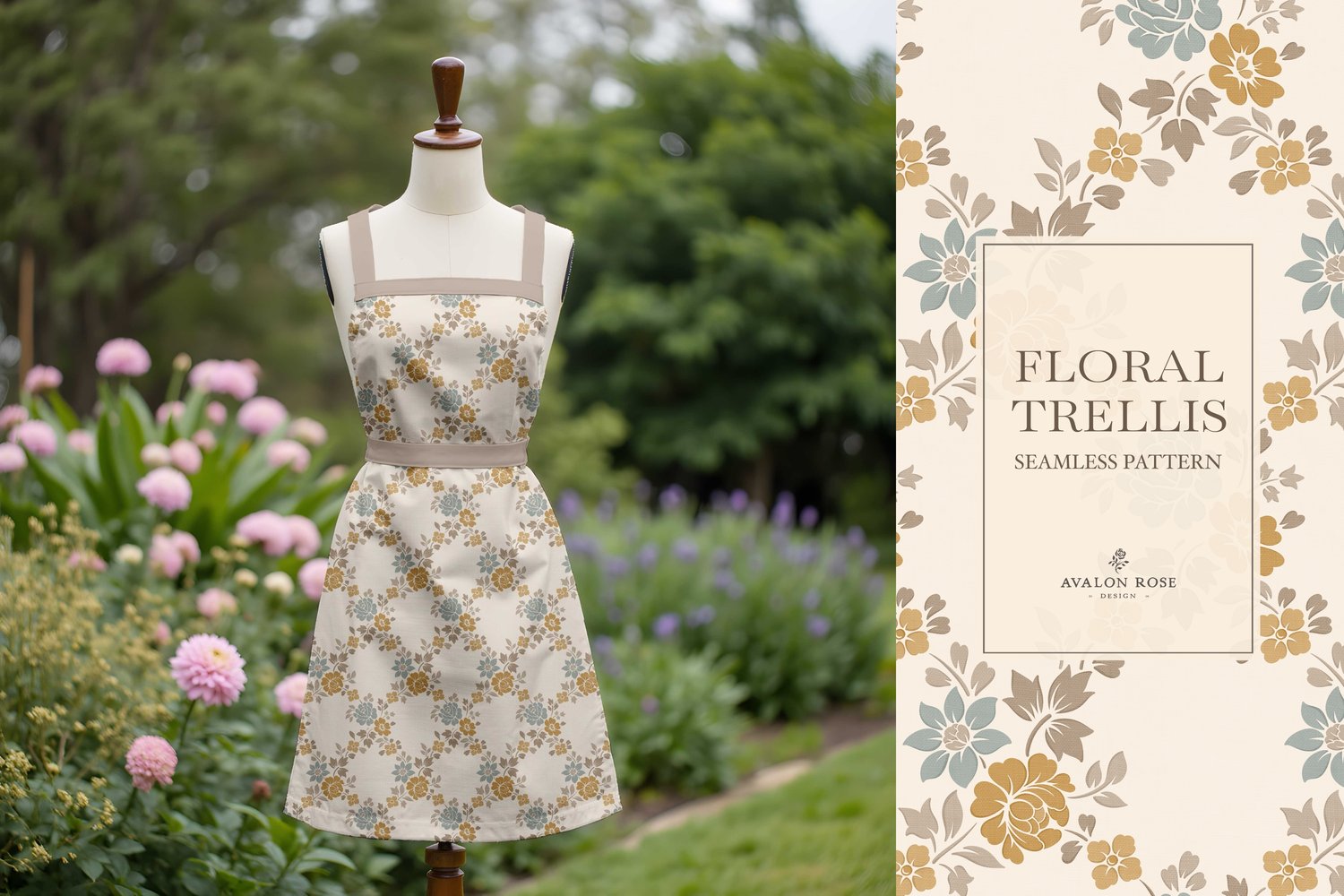 Vintage-inspired farmhouse style seamless surface pattern featuring a hand-drawn floral and leaf trellis in sage, gold, beige, and cream