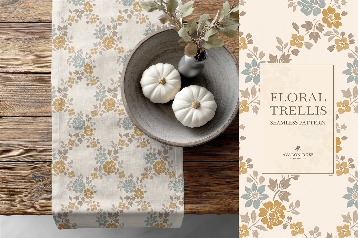 Vintage-inspired farmhouse style seamless surface pattern featuring a hand-drawn floral and leaf trellis in sage, gold, beige, and cream