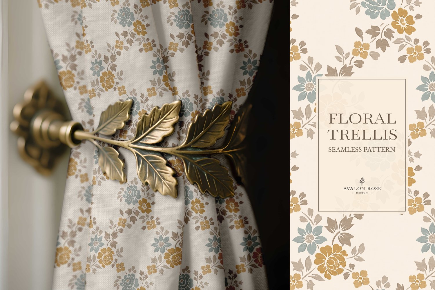Vintage-inspired farmhouse style seamless surface pattern featuring a hand-drawn floral and leaf trellis in sage, gold, beige, and cream
